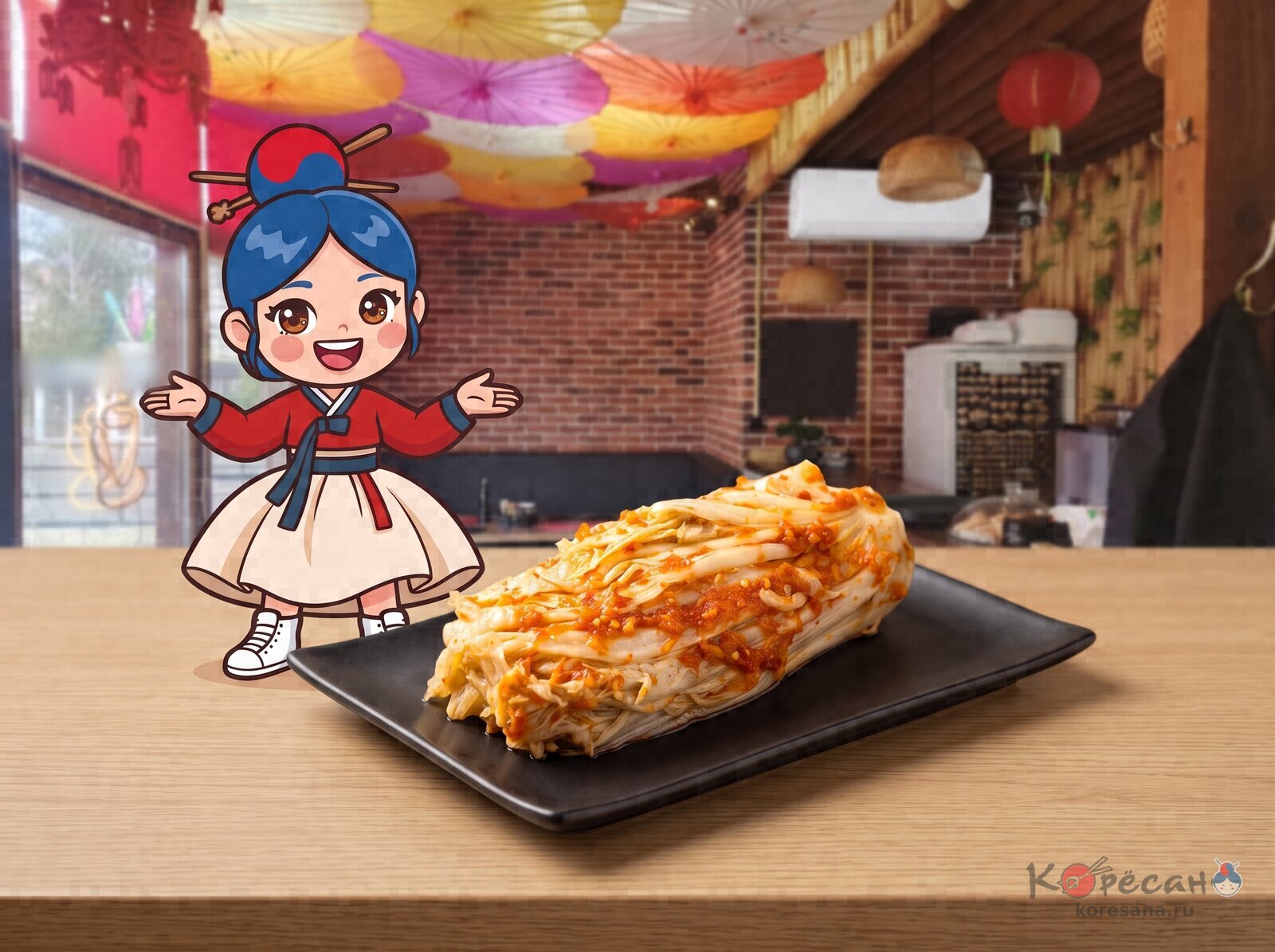 Коресаночка раскинула руки рядом с тарелкой кимчи