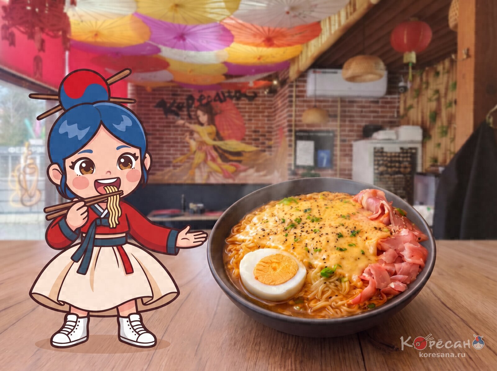 Коресаночка ест лапшу палочками рядом с миской сырного рамена