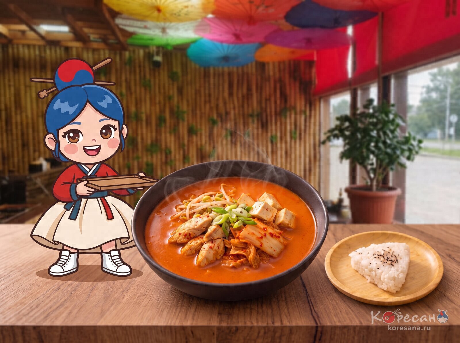 Коресаночка с подносом рядом с миской Кимчи Ччигэ и рисом